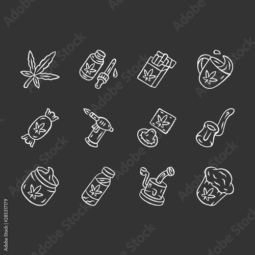 Weed products chalk icons set. Marijuana legalization. Hemp distribution, sale. Cannabis industry. Smoking devices. CBD drink, cream, candy, cupcake. Isolated vector chalkboard illustrations