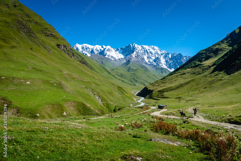 Ushguli landscape with mount Shkhara in the back in Svaneti region, Georgia.