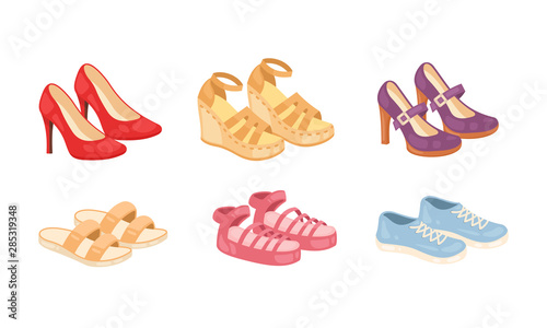 Set of woman shoes vector icons isolated on white background. Fashion footwear design collection.