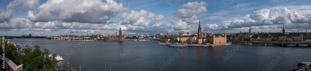 Sunny view over Riddarholmen at the lake Mälaren in Stockholm a summer day	