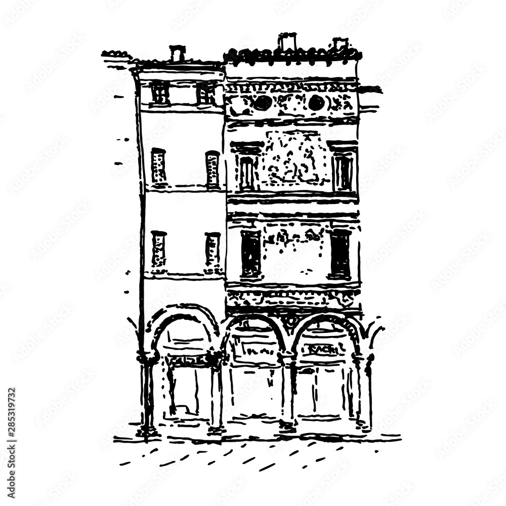 Fototapeta premium Hand-drawn in ink vector illustration of Italian house facades. Black line drawing isolated on white background