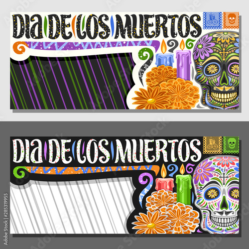 Vector layouts for Dia de los Muertos with copy space, decorative coupon with illustration of creepy skull, orange flowers, horizontal greeting card with original typeface for words dia de los muertos