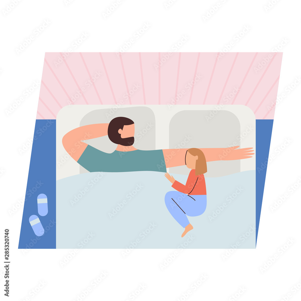 Cute pair of father and daughter spending time together - sleeping. Happy fatherhood. Flat cartoon vector illustration Cute pair of father and daughter spending time together - sleeping. Happy fatherhood. Flat cartoon vector illustration