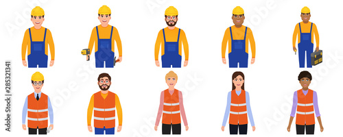 Men and women builders avatars, people dressed in building uniforms icon set, characters in cartoon style, worker holds a drill, hammer and a toolbox vector Illustration on a white background