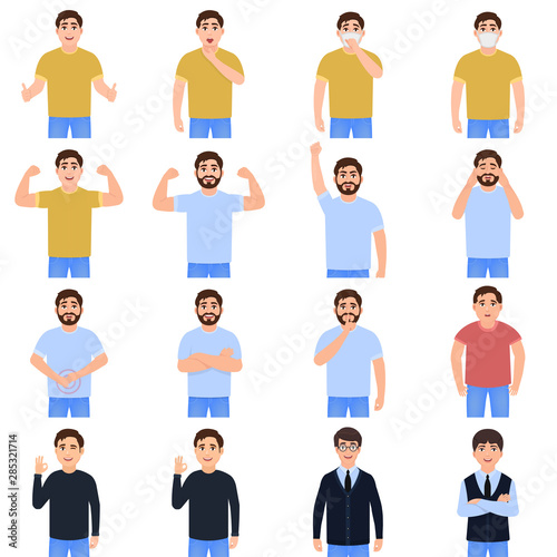 Men avatars icon set  guys with different moods  cartoon characters  people in everyday life vector illustration