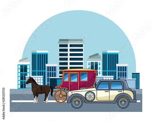 Classic cars and horse carriages vehicles