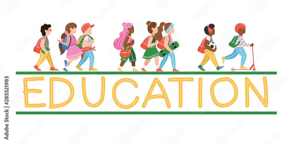 Education vector banner design with colorful funny pupils. Vector illustration.