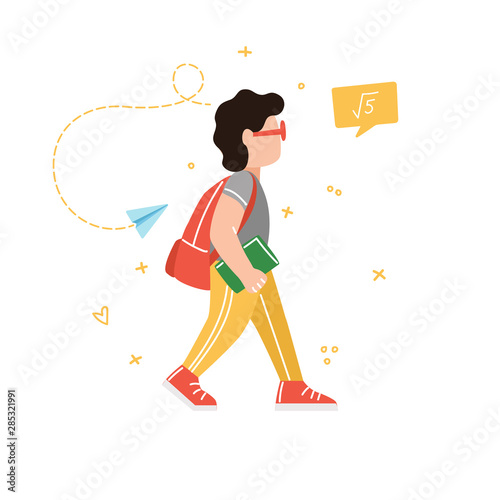 Young wallking student. Vector illustration of a flat design