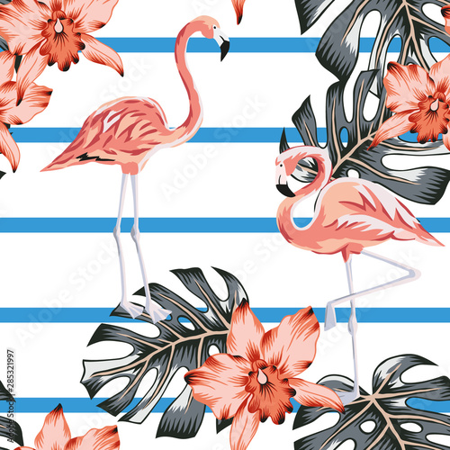 Tropical pink flamingo, orchid flowers, monstera palm leaves, striped background. Vector seamless pattern. Jungle illustration. Exotic plants, birds. Summer floral design. Paradise nature 
