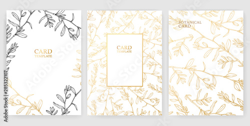 Floral vector card set, invitation and greeting cards. Hand drawn gold and black line herb pattern on white background