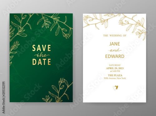 Floral vector card set, invitation and greeting cards. Hand drawn gold line herb pattern on green background