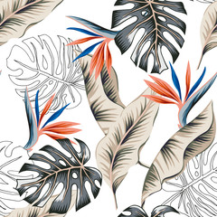 Fototapete Tropische Paradiesblumen-Muster Strelitzia Bananenblätter Sommer Tropendesign  © ojardin