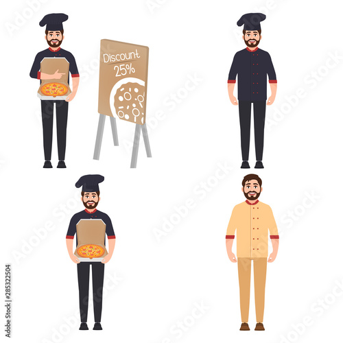 Chief cooker holds pizza, pizza maker sells pizza at a discount vector illustration in cartoon style