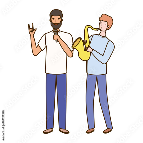 men with musicals instruments on white background
