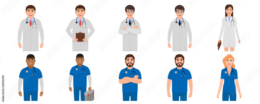 Men and women doctors avatars icons set, medical staff characters in cartoon style, vector illustration