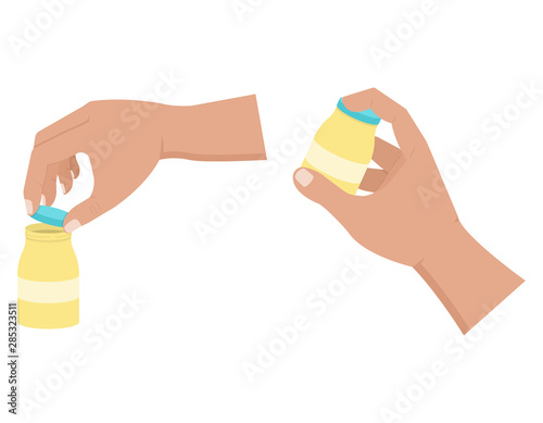 Hand opens and holds a bottle, taking medication vector illustration in a flat style