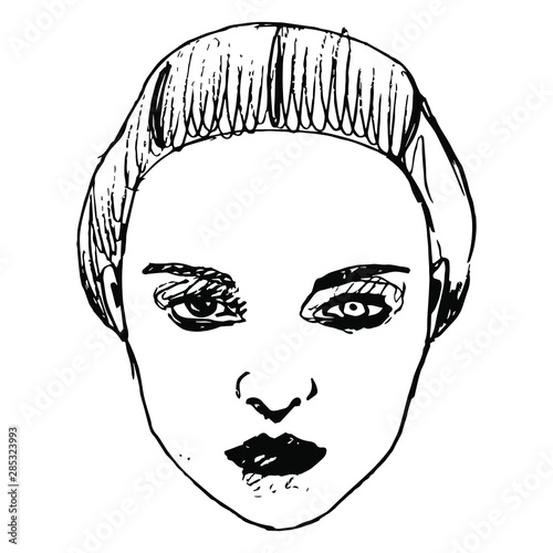 Face of a beautiful Caucasian woman. Hand drawn linear ink doodle sketch.