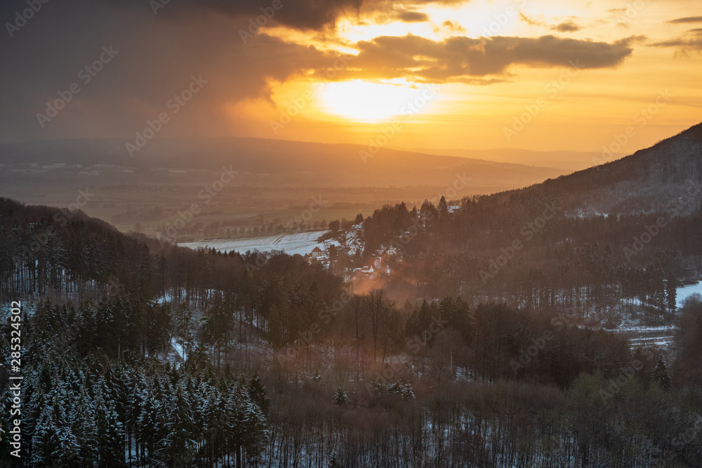 Sunset over village Rohdental in Germany .