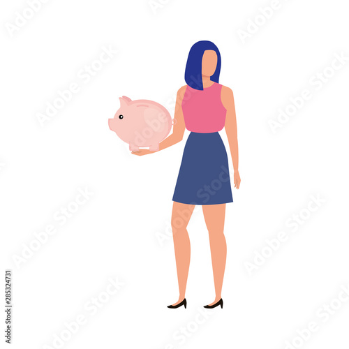 young woman with piggy savings character
