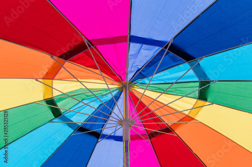 Close-up of the inside of a brightly colored umbrella. photo