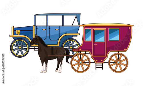 Classic cars and horse carriages vehicles