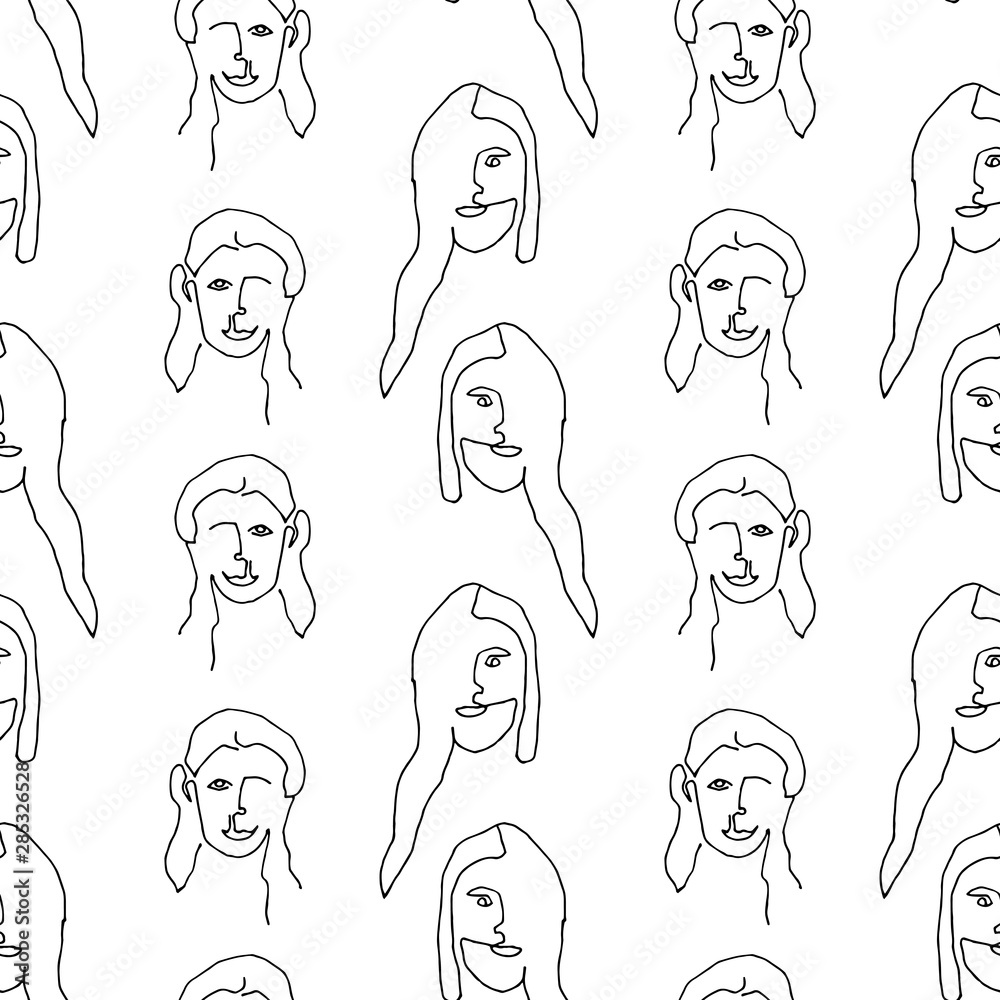 Modern seamless pattern with linear abstract woman face. Continuous line art. One line drawing. Minimalist graphic. Modern seamless pattern with linear abstract woman face. Continuous line art. One line drawing. Minimalist graphic.