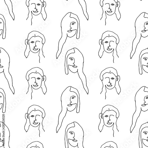 Modern seamless pattern with linear abstract woman face. Continuous line art. One line drawing. Minimalist graphic.
