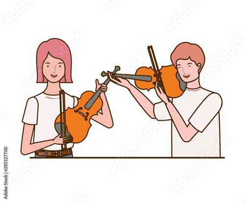 couple of people with musicals instruments on white background