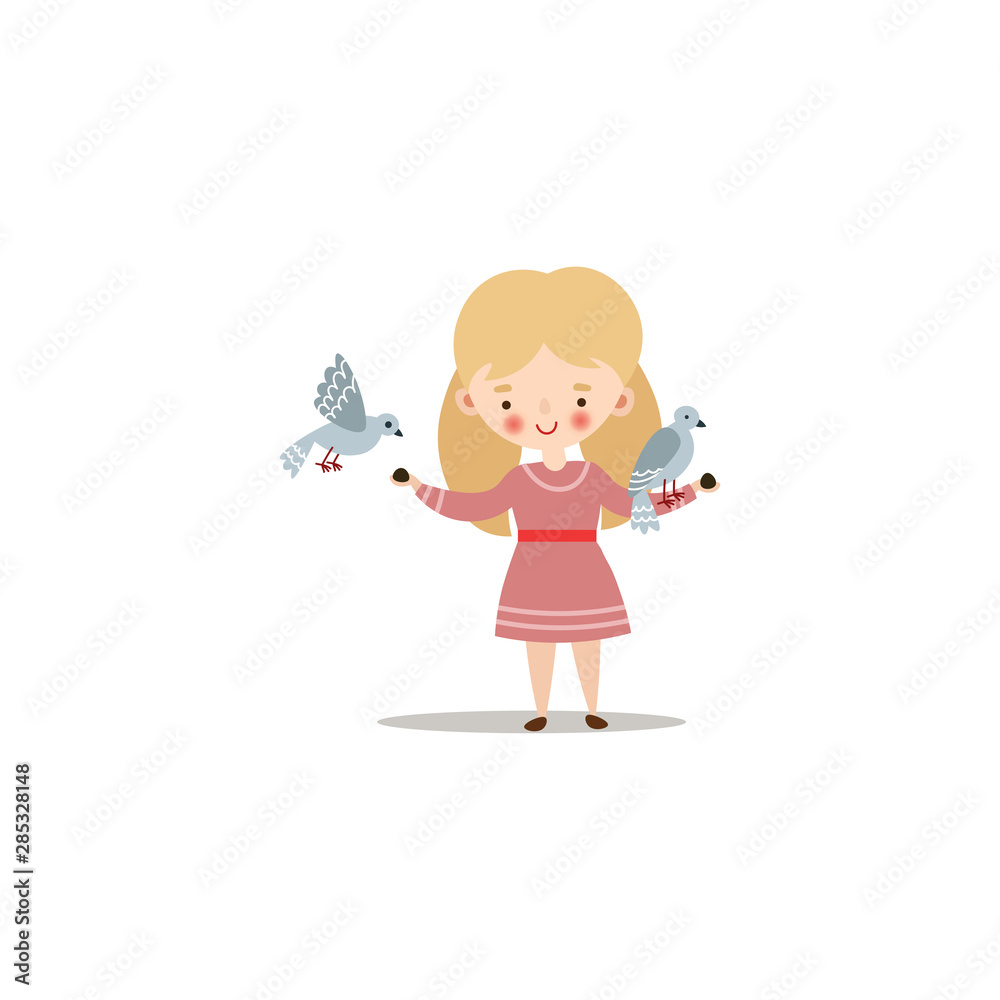 Cute little girl feeding doves with sunflower seeds. Raster illustration in flat cartoon style Cute little girl feeding doves with sunflower seeds. Raster illustration in flat cartoon style