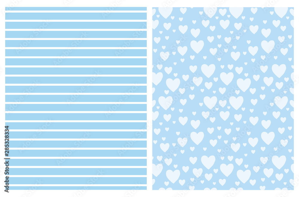 Lovely Hearts and Stripes Vector Pattern Set. White Horizontal Stripes on a Blue Background. Light Blue Hearts Isolated On a Blue Layout. Cute Simple Geometric Design. Lovely Hearts and Stripes Vector Pattern Set. White Horizontal Stripes on a Blue Background. Light Blue Hearts Isolated On a Blue Layout. Cute Simple Geometric Design.
