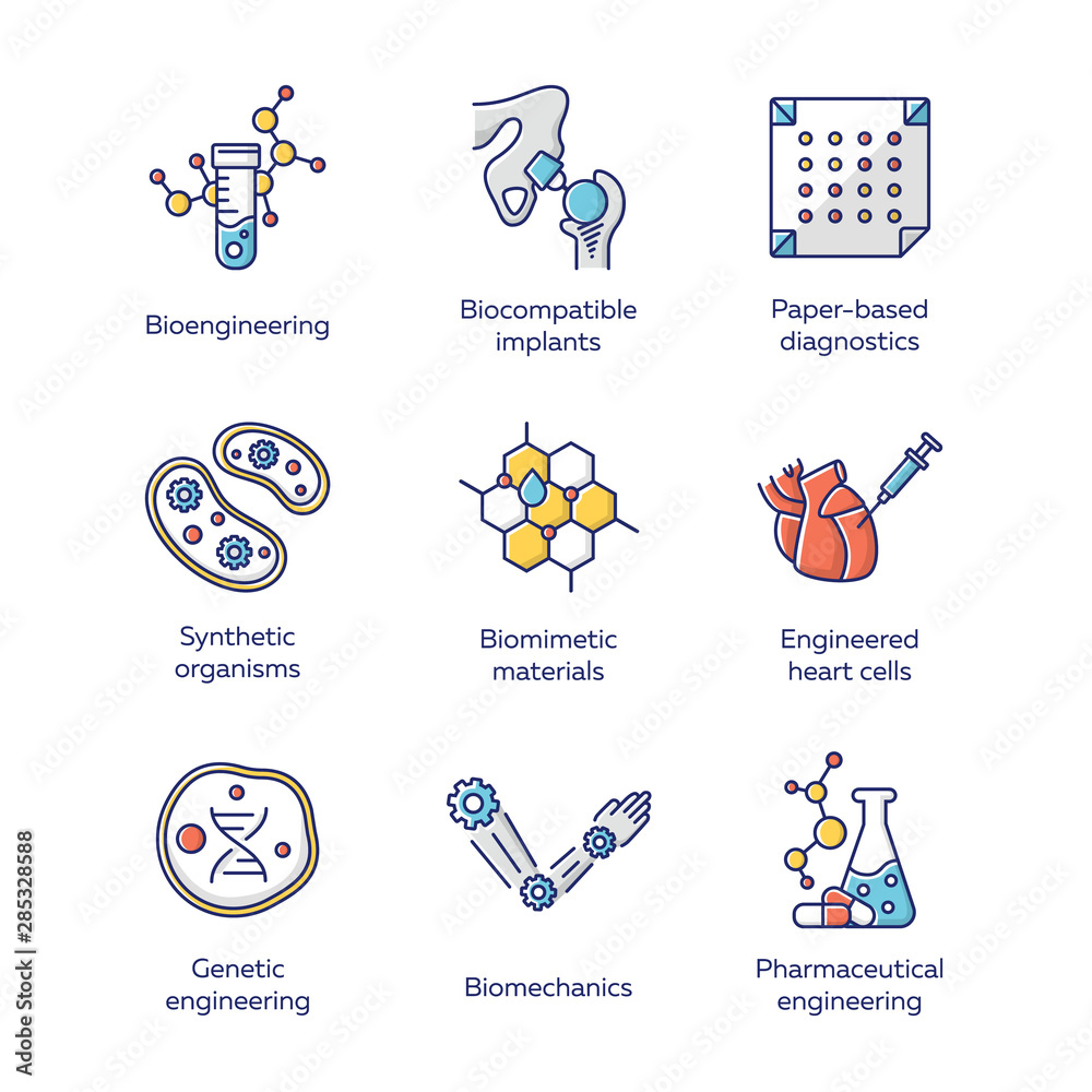 Bioengineering color icons set. Biotechnology for health, evolutionary researching, new materials creating. Molecular biology, biomedical and molecular engineering. Isolated vector illustrations - obrazy, fototapety, plakaty 