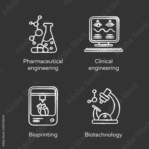 Bioengineering chalk icons set. Medical technologies research and diseases treatment. Pharmaceutical and clinical engineering, bioprinting, biotechnology. Isolated vector chalkboard illustrations