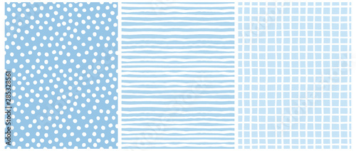 Hand Drawn Childish Style Vector Pattern Set. White Horizontal  Stripes on a Blue Background. White Grid On a Blue Layout. White Polka Dots on a Blue.  Cute Simple Geometric Design.