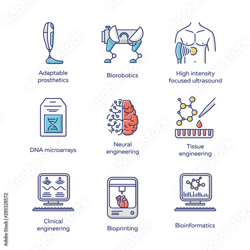 Bioengineering color icons set. Biotechnology for human health and comfortable life. Molecular biology, biomedical and molecular engineering, bioinformatics. Isolated vector illustrations