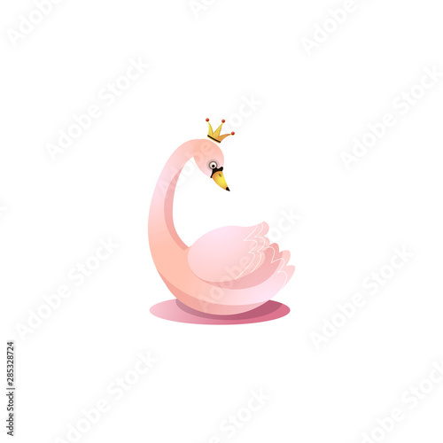 Cute pink princess swan with a crown.Raster illustration in the flat cartoon style