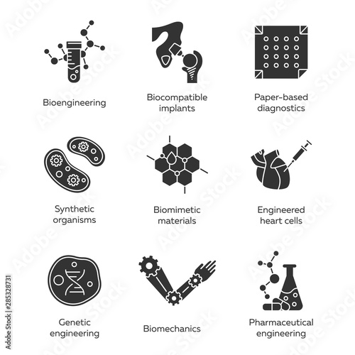 Bioengineering glyph icons set. Biotechnology for health, researching, materials creating. Molecular biology, biomedical and molecular engineering. Silhouette symbols. Vector isolated illustration