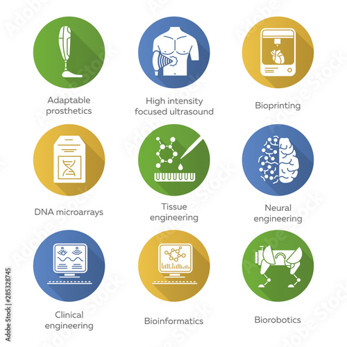 Bioengineering flat design long shadow glyph icons set. Biotechnology for human health, comfort. Molecular biology, biomedical and molecular engineering, bioinformatics. Vector silhouette illustration
