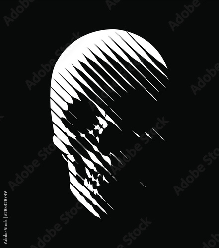 Vector skull line-art . Stylised human skull front view, made by diagonal lines. White lines on black background. Ideal logo graphic element.