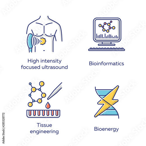 Biotechnology color icons set. Bioengineering. High intensity focused ultrasound, bioinformatics, tissue engineering, bioenergy. Technologies for studying and treatment. Isolated vector illustrations