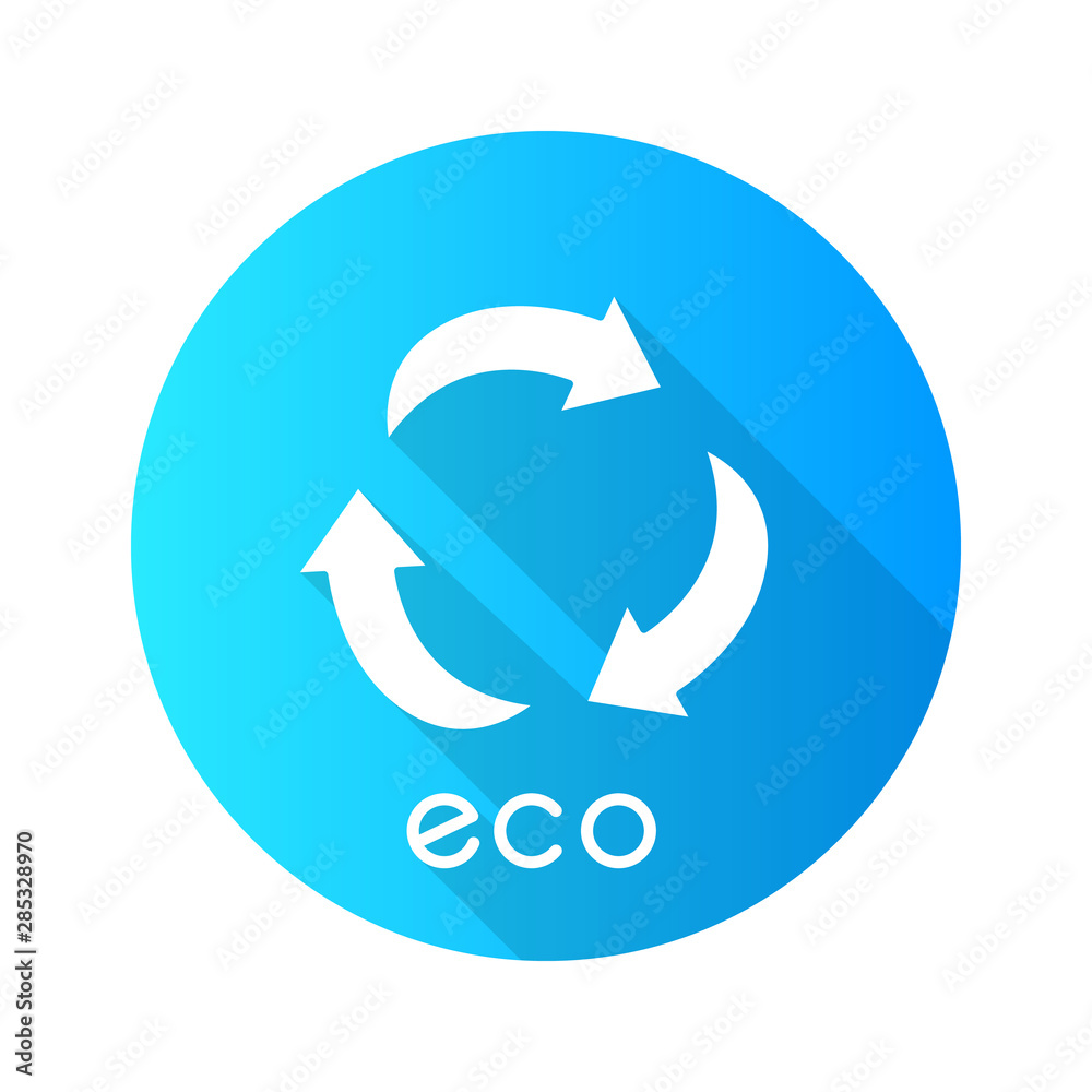 Eco label blue flat design long shadow glyph icon. Three curved arrow signs. Recycle symbol. Alternative energy. Environmental protection sticker. Organic cosmetics. Vector silhouette illustration Eco label blue flat design long shadow glyph icon. Three curved arrow signs. Recycle symbol. Alternative energy. Environmental protection sticker. Organic cosmetics. Vector silhouette illustration
