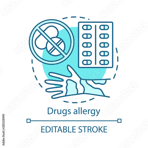 Drugs allergy concept icon. Allergic reaction to medications idea thin line illustration. Hives, itchy skin, rash on hand. Pills use side effects. Vector isolated outline drawing. Editable stroke