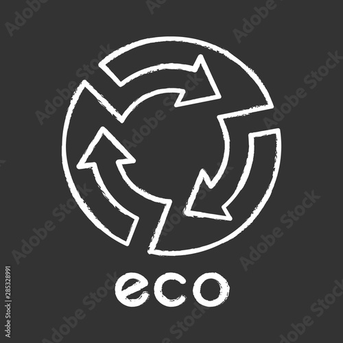 Eco label chalk icon. Circle with cut arrows inside sign. Recycle symbol. Environmental protection sticker. Eco friendly chemicals. Organic cosmetics. Isolated vector chalkboard illustration