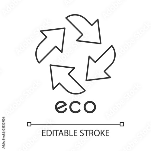 Eco label linear icon. Four straight arrow signs. Recycle symbol. Alternative energy. Environmental protection sticker. Thin line illustration. Contour symbol. Vector isolated drawing. Editable stroke