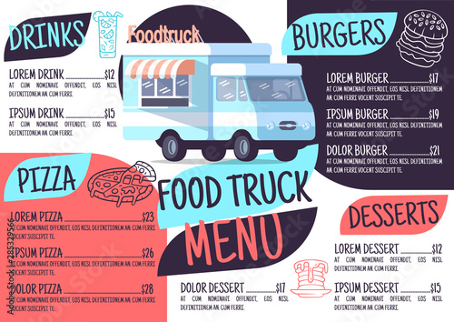 Food truck menu template. Print design with flat icons. Concept vector illustrations. Restaurant, cafe banner, flyer brochure page with food prices layout