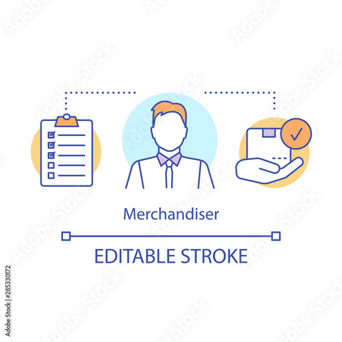 Merchandiser concept icon. Store worker, employee idea thin line illustration. Marketing retail, shopping and promotion. Salesman, sales manager. Vector isolated outline drawing. Editable stroke