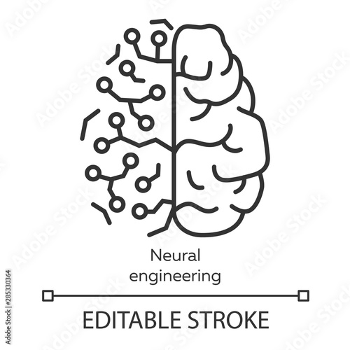 Neural engineering linear icon. Neuroengineering. Biomedical engineering. Bioinformatics. Biotechnology. Thin line illustration. Contour symbol. Vector isolated outline drawing. Editable stroke