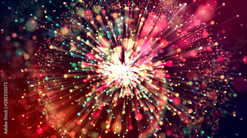 3d abstract beautiful background with colorful glowing particles, depth of field and bokeh effect. Abstract explosion of multicolored shiny particles or light rays like laser show.