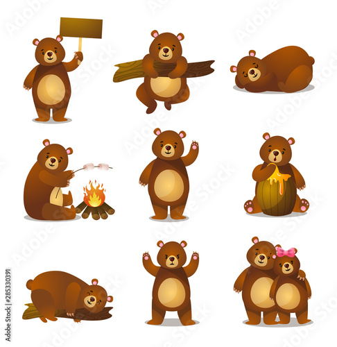 Cute funny cartoon set friendly bear in different activities