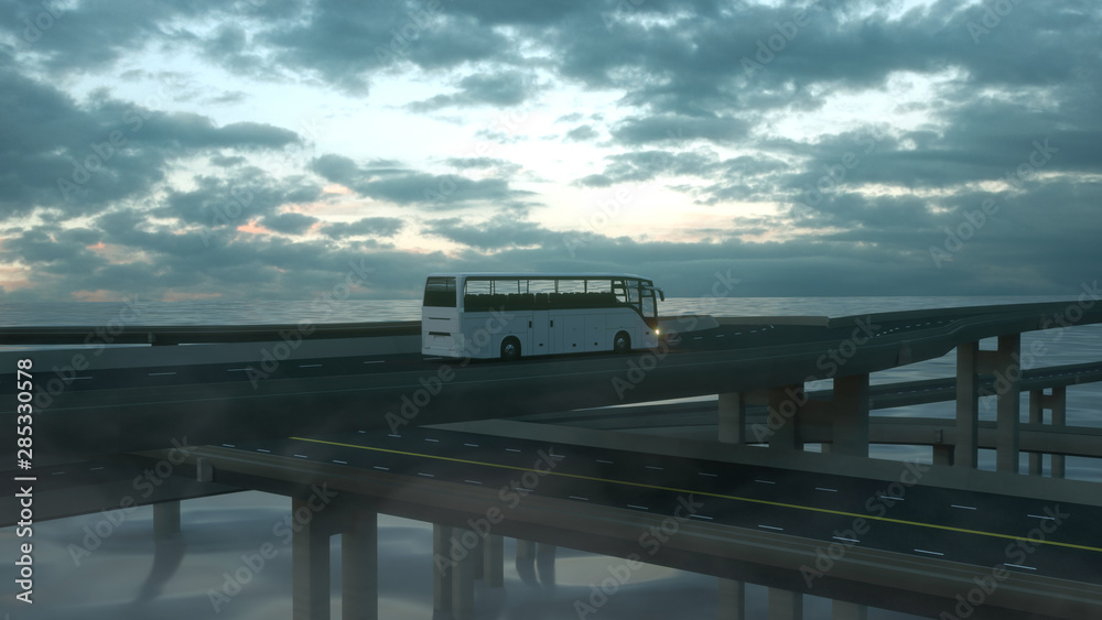 Fototapeta premium Tourist white bus on the road. Touristic and travel concept. 3d rendering