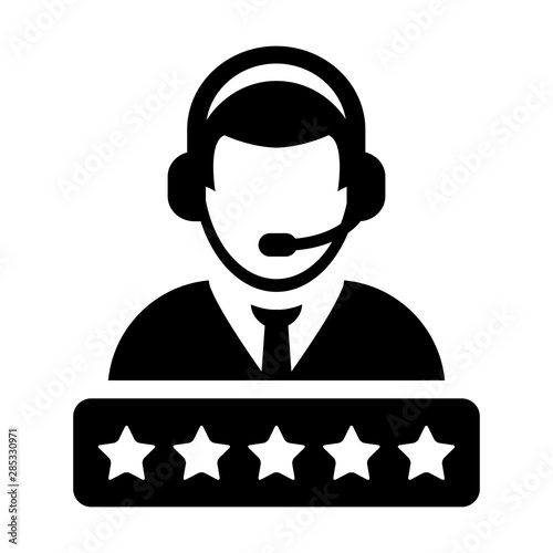 5 Star rating icon vector male support customer care service person profile avatar with a headphone for online assistant in glyph pictogram illustration